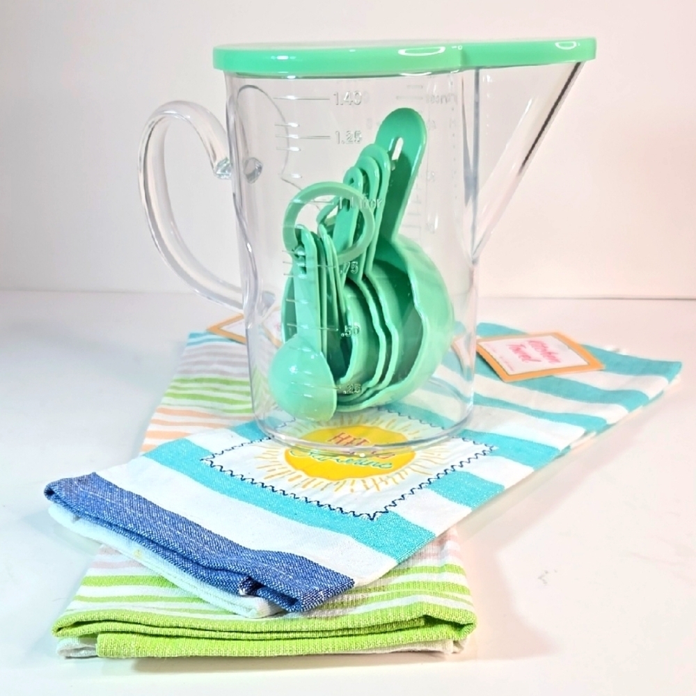 Kitchen Set Mint Green Measuring Cups Spoons  Cotton Striped Kitchen Hand Towels